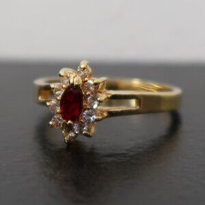 Men's Gold Tone Ring Red Center Stone White Stones Size 9.5